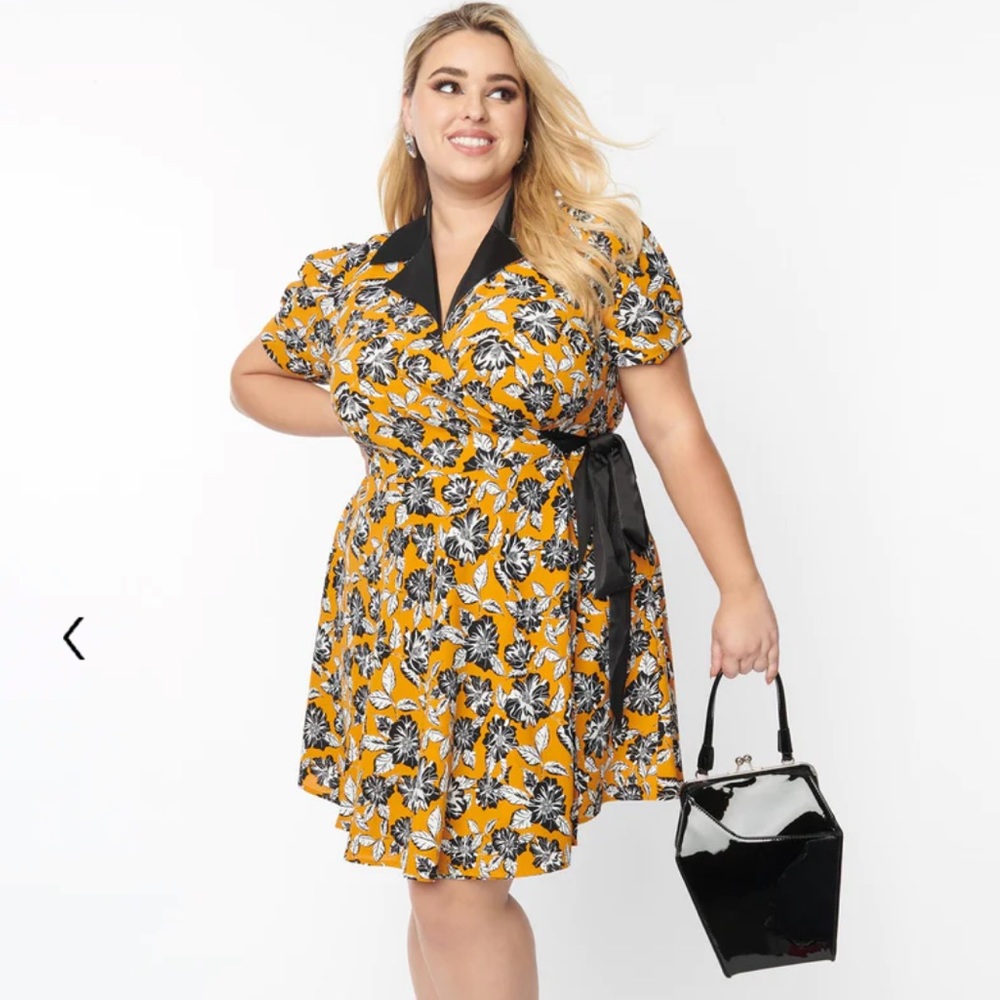 NWT Unique Vintage Orange & Black Floral Wrap Dress 1X 16